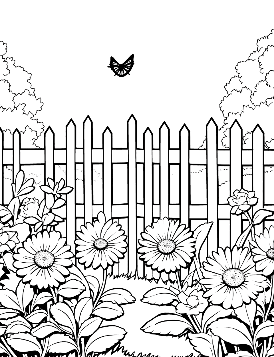 Detailed Garden Scene Coloring Page - An intricate scene of a summer garden full of blooming flowers, butterflies, and trees.