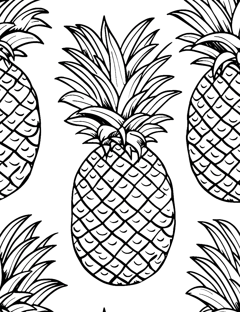 Pineapple Party Coloring Page - An array of pineapples in various sizes, with each having unique patterns for coloring.