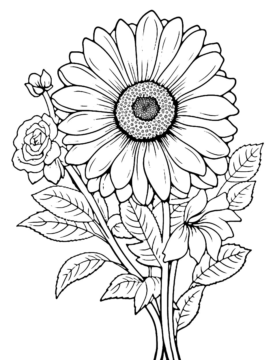 Flower Power Summer Coloring Page - Different types of summer flowers, like sunflowers, roses, and daisies, arranged in a beautiful bouquet.