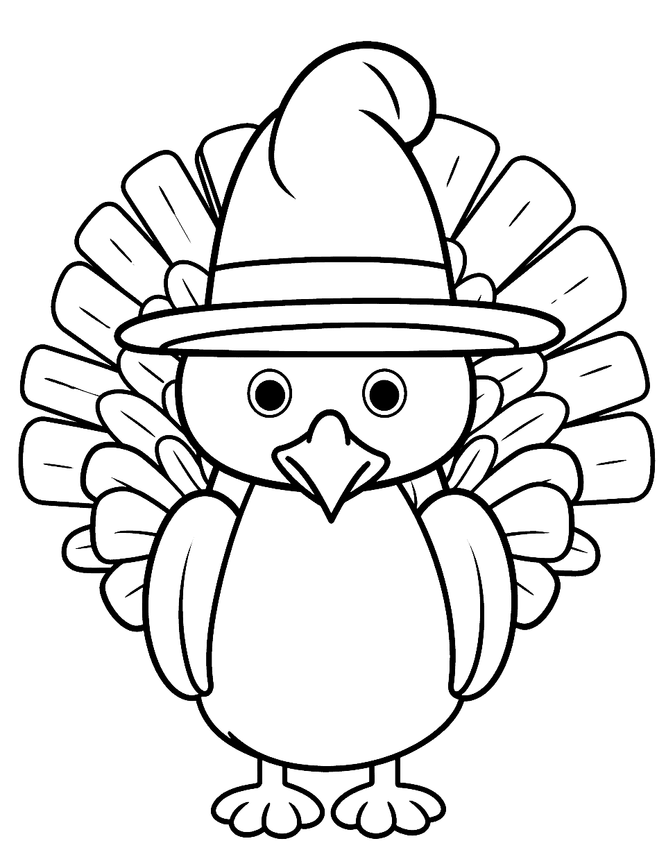 Cute Turkey With a Pilgrim Hat Thanksgiving Coloring Page - A lovable, big-eyed turkey donning a pilgrim hat, perfect for young kids to color.
