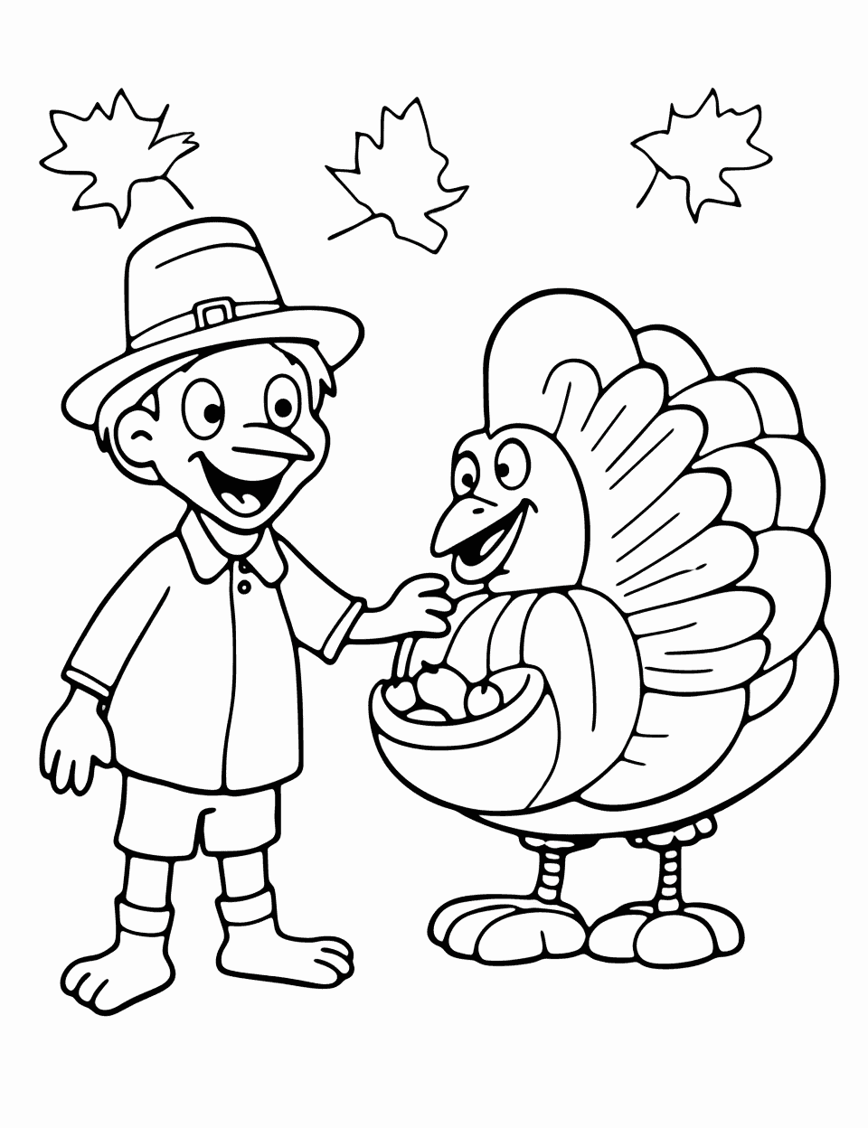 Friendly Turkey and Pilgrim Coloring Page - A picture of a turkey and pilgrim becoming friends, perfect for teaching history in a fun way.