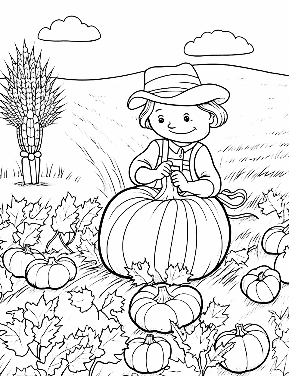 Harvesting Pumpkins Thanksgiving Coloring Page - A difficult harvest scene for kids to color.