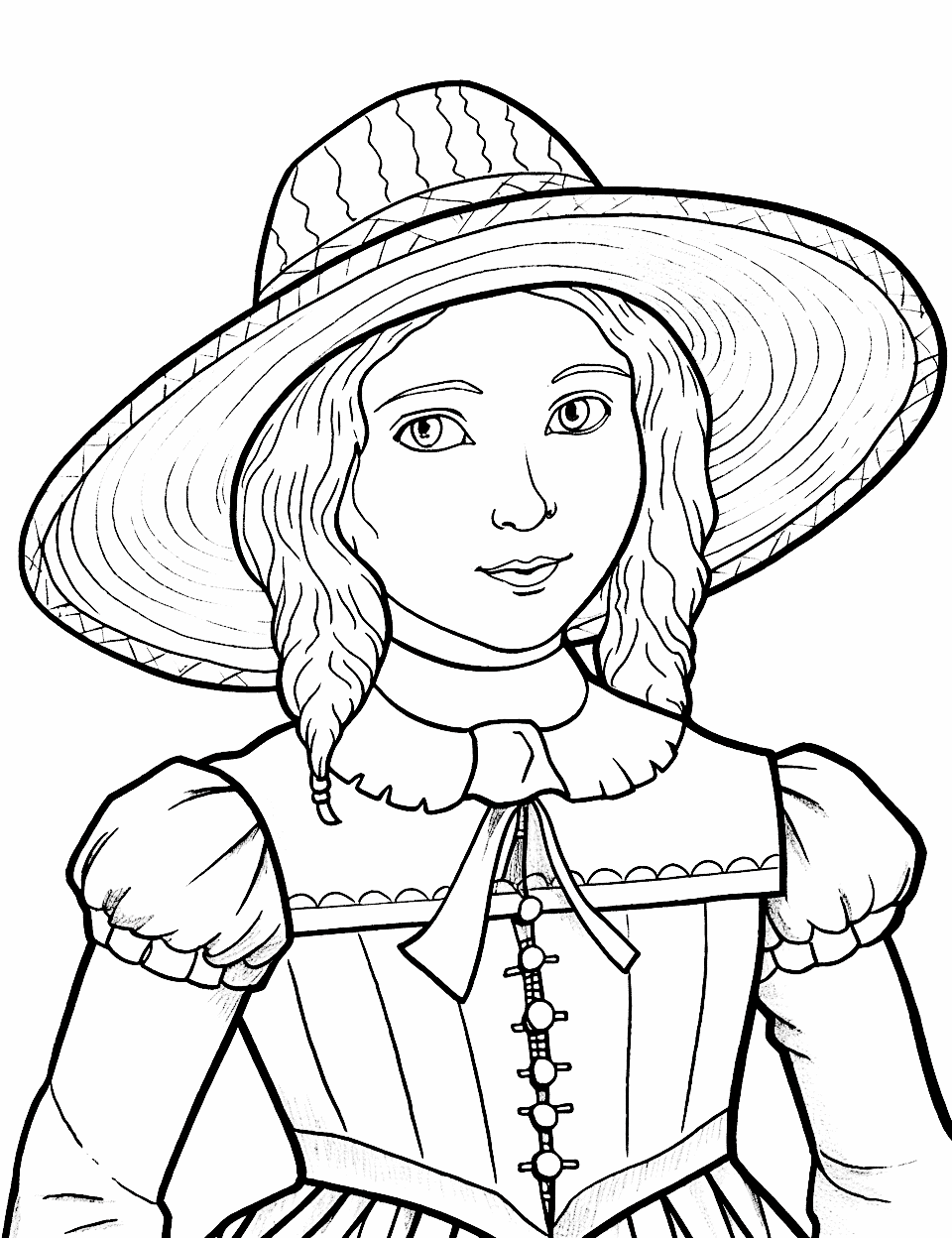 Difficult Detailed Pilgrim Portrait Thanksgiving Coloring Page - A complex portrait of a pilgrim for older children.