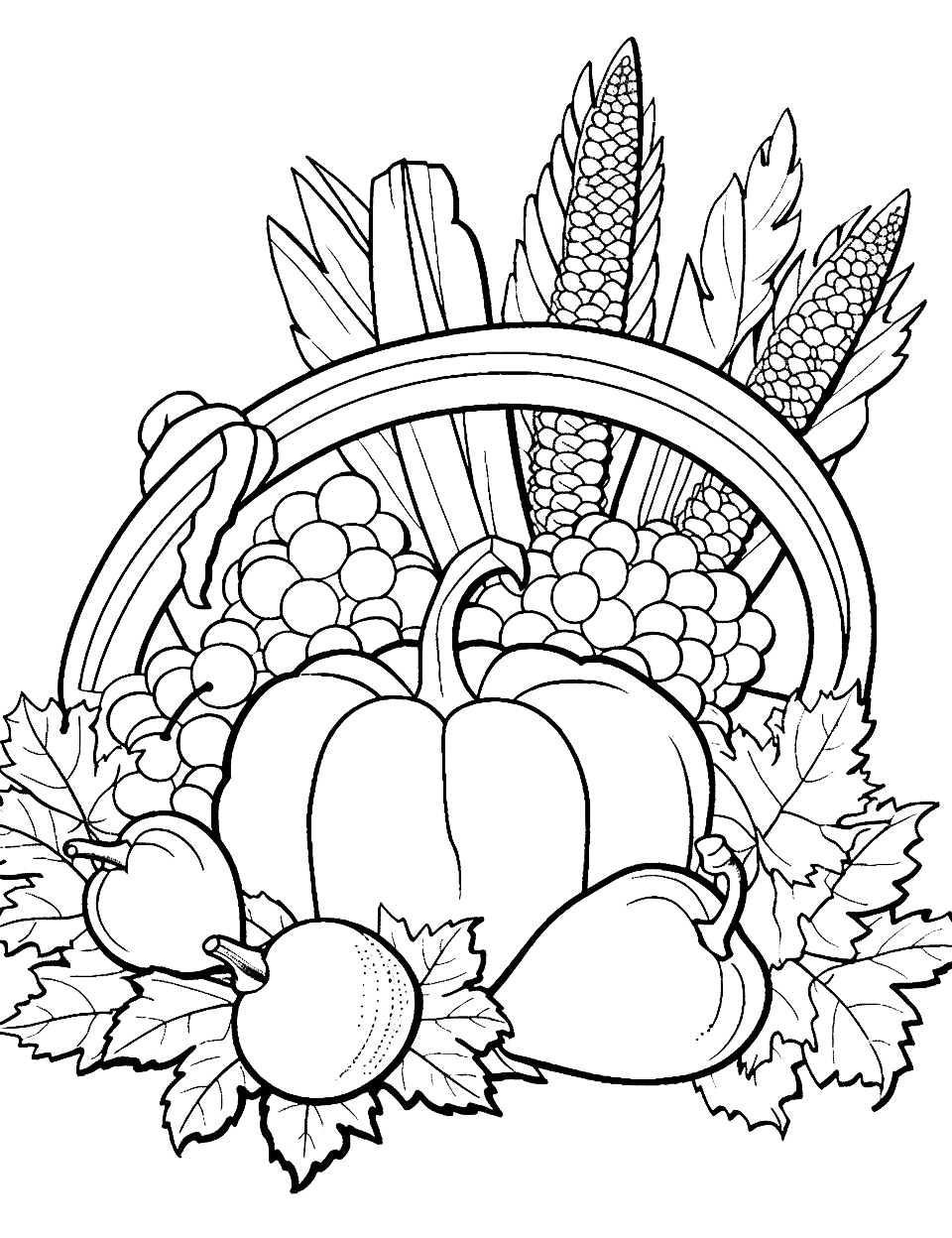 Colorful Cornucopia Thanksgiving Coloring Page - A cornucopia scene that teaches about different fruits and vegetables.