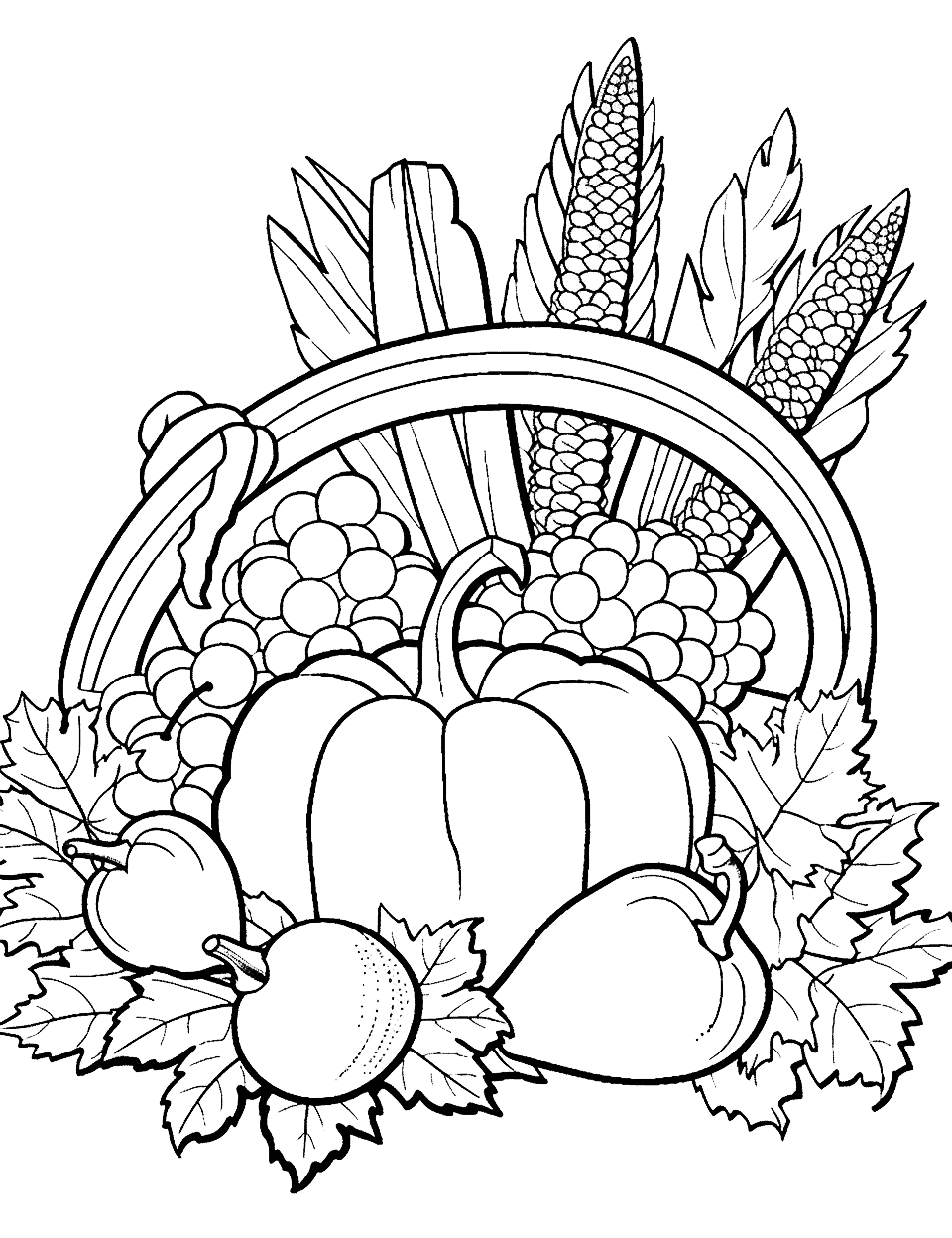 Colorful Cornucopia Coloring Page - A cornucopia scene that teaches about different fruits and vegetables.