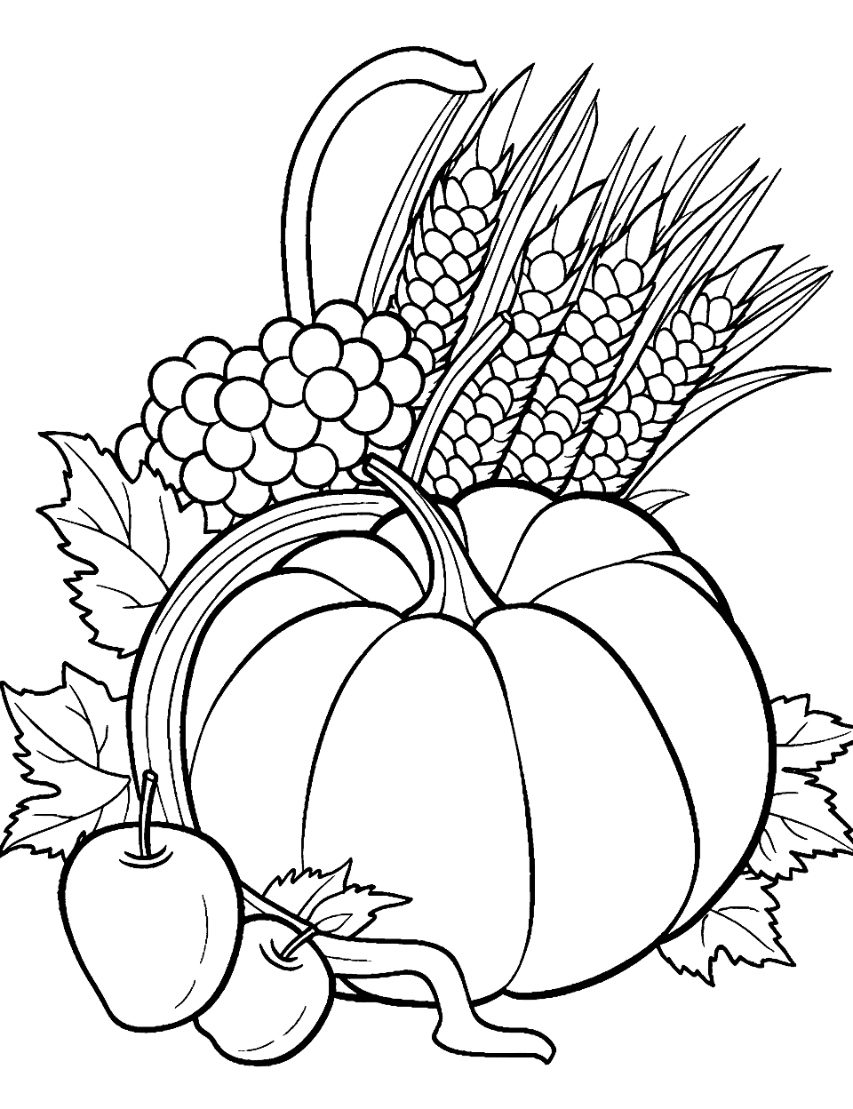 Simple Preschool Cornucopia Thanksgiving Coloring Page - A basic, easy-to-color cornucopia filled with fall harvest fruits and vegetables.