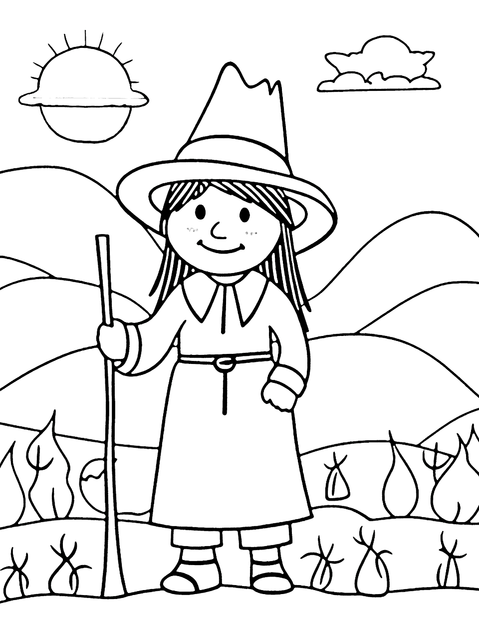 Pilgrim Scene Thanksgiving Coloring Page - A pilgrim harvesting the fields under the sun.