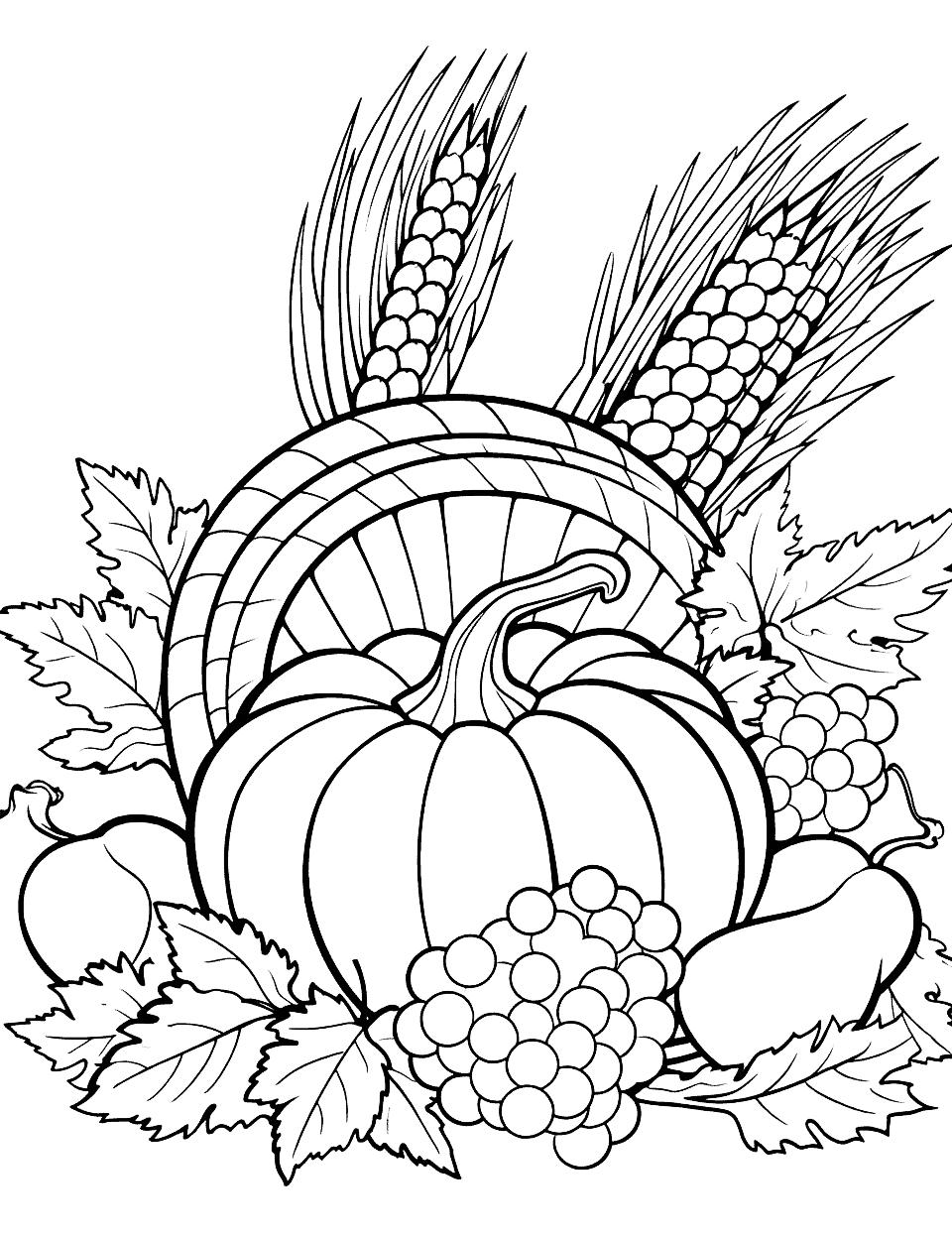 Detailed Cornucopia with Fall Elements Thanksgiving Coloring Page - A complex cornucopia design featuring fall elements, designed for older kids.