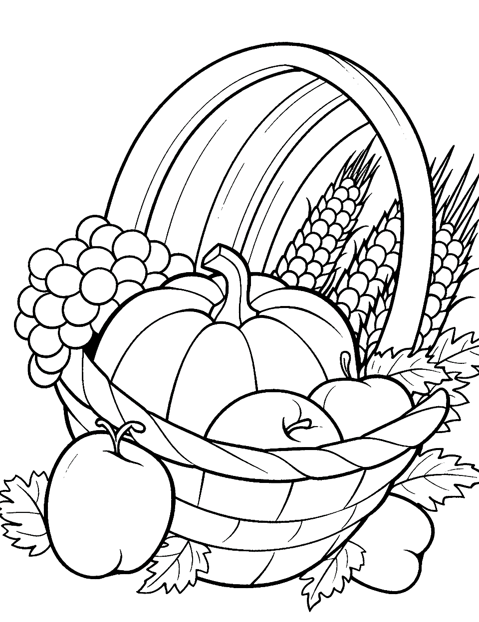 Fun Cornucopia Thanksgiving Coloring Page - A simple cornucopia design for first grade students.