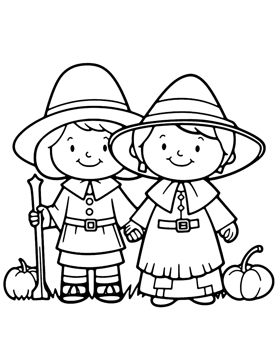 Cute Little Pilgrims Thanksgiving Coloring Page - An adorable scene of little pilgrims for kids to color.