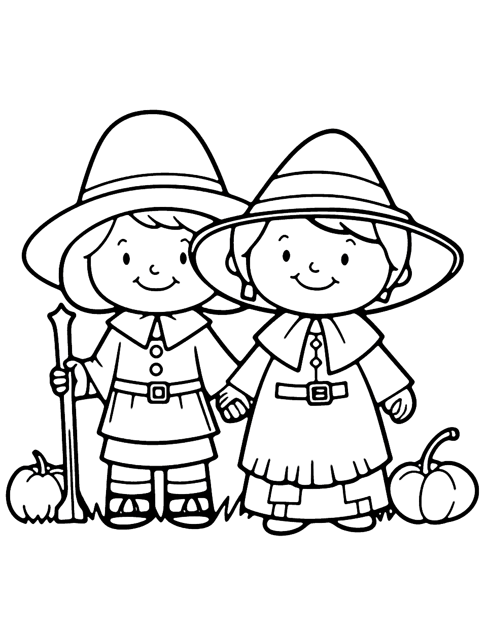 Cute Little Pilgrims Coloring Page - An adorable scene of little pilgrims for kids to color.