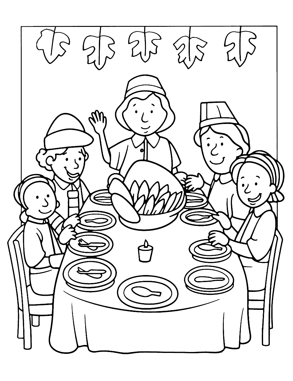 Pilgrims and Indians Thanksgiving Coloring Page - Kindergarten level coloring page of pilgrims and Native Americans sharing the first Thanksgiving meal.