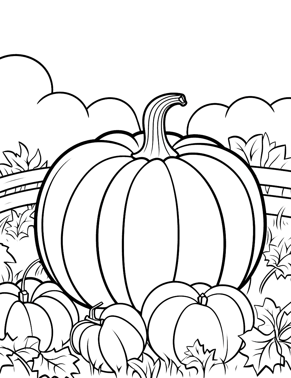 Pumpkin Patch Thanksgiving Coloring Page - A pumpkin patch scene that children can color.