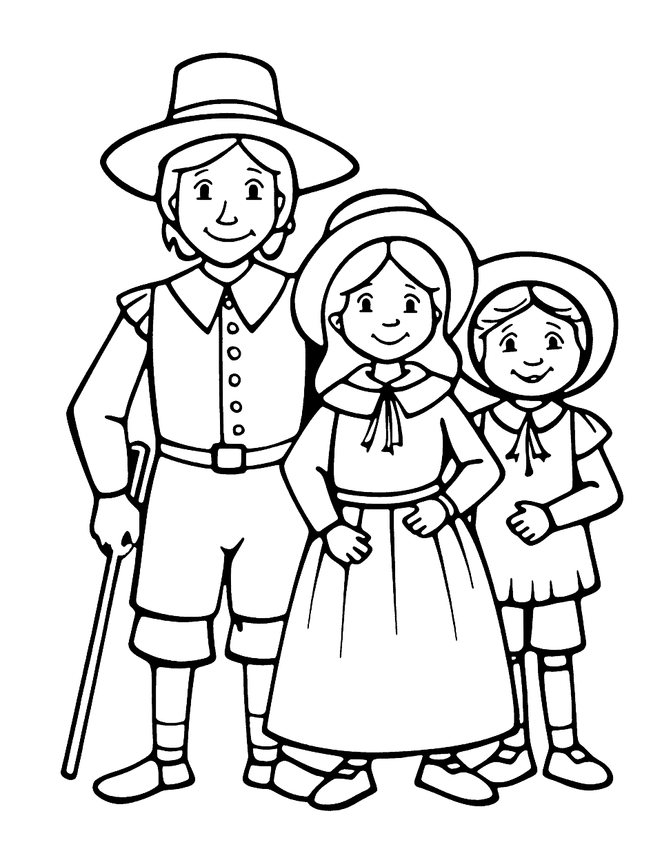 Pilgrim Family Portrait Coloring Page - A happy pilgrim family posing for a portrait, a good opportunity for color mixing.