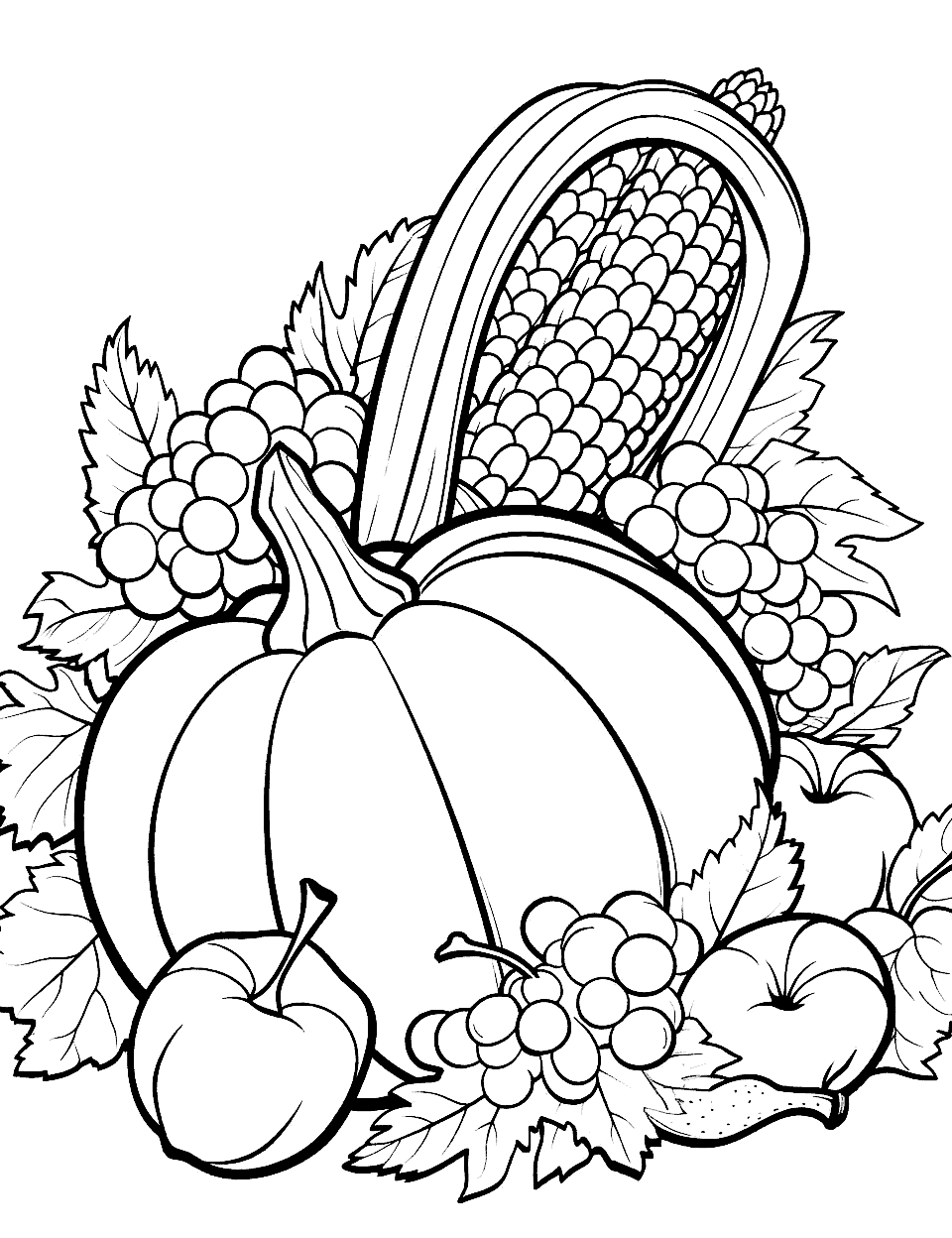 Detailed Cornucopia Coloring Page - A cornucopia with various fruits, vegetables, and fall elements for older kids.