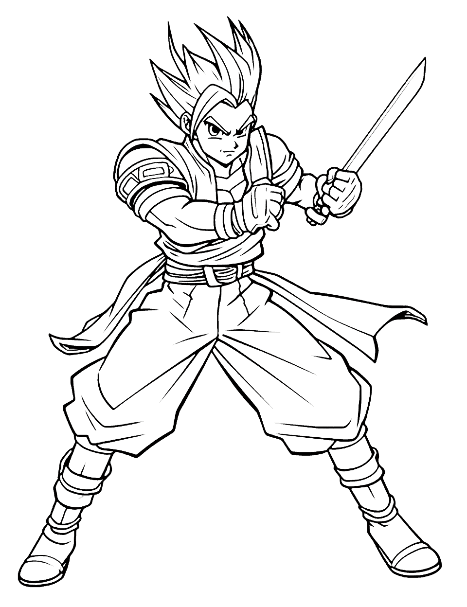 Anime Warrior Coloring Page - A detailed anime warrior standing tall, holding his weapon, ready to face any challenge.