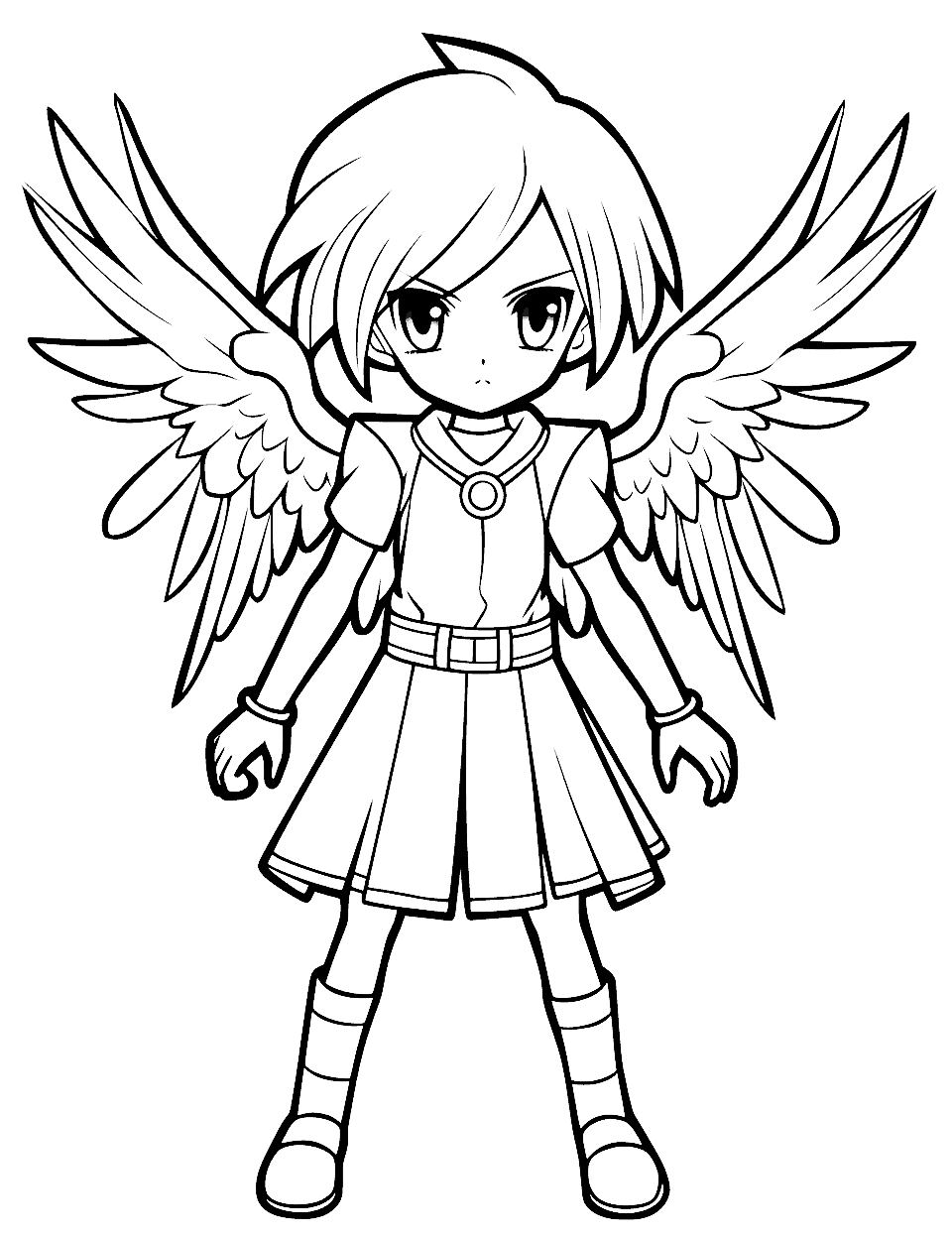 Dark Angel Anime Character Coloring Page - A dark angel anime character with beautiful wings spread wide and an intense look in her eyes.