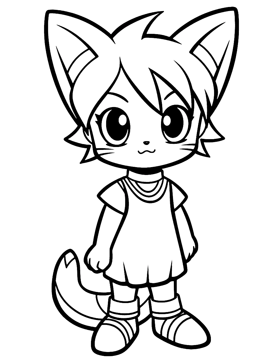 Easy Anime Cat Coloring Page - An easy-to-color anime cat with big, curious eyes.