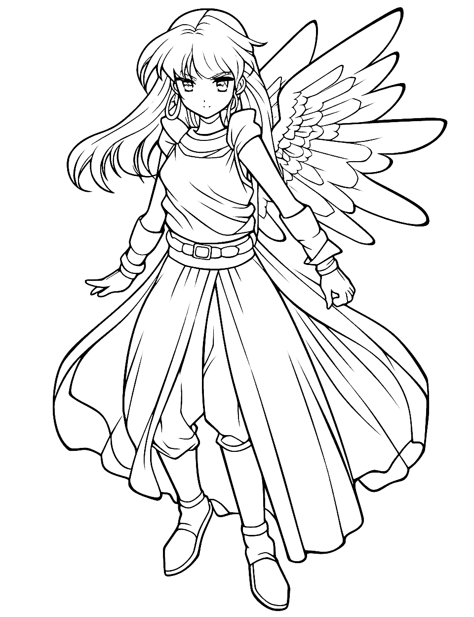 Beautiful Anime Angel Coloring Page - A beautiful anime angel with flowing hair and dress, descending from the heavens.