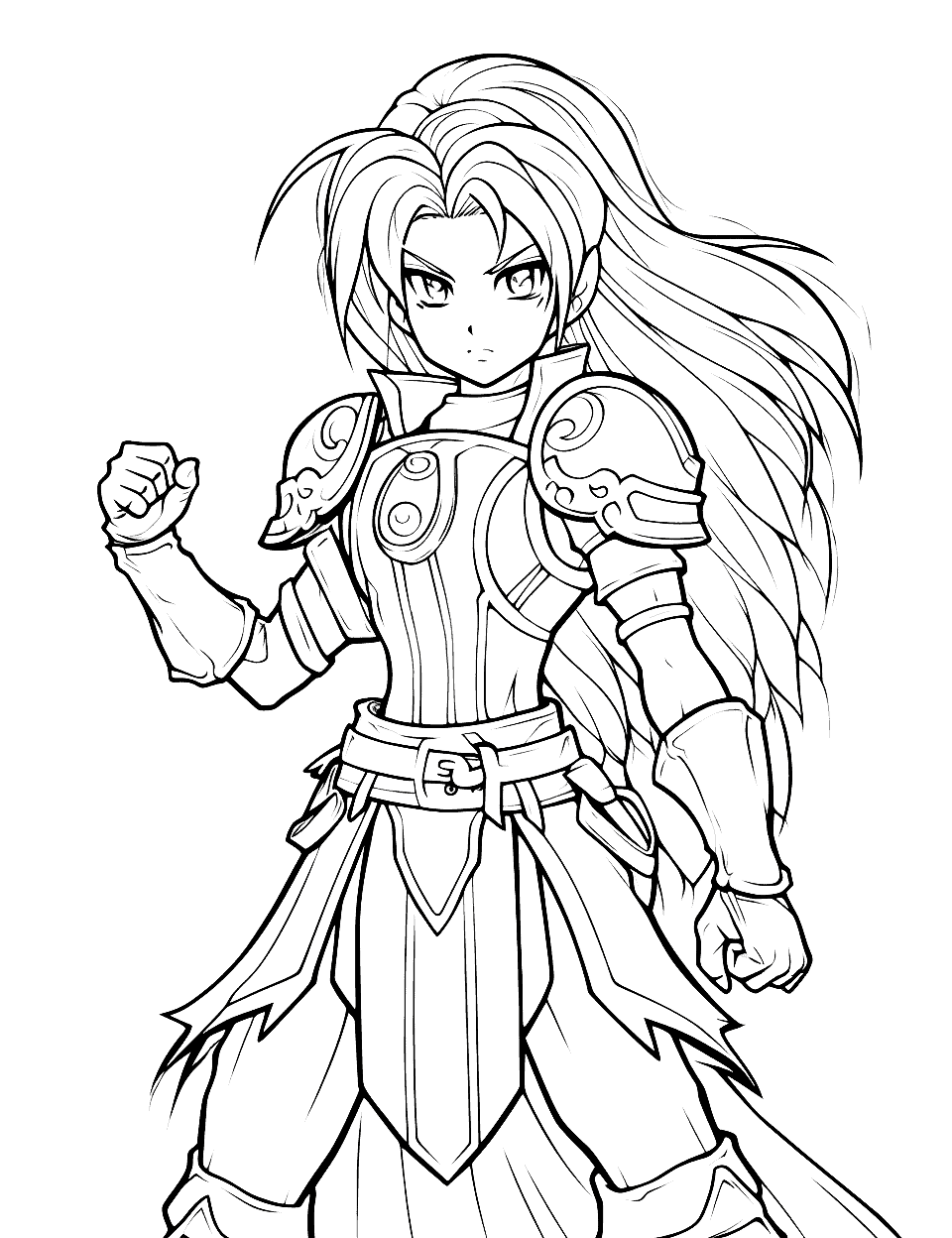 Anime Warrior Girl Coloring Page - A brave anime warrior girl with a detailed armor design, ready to fight.