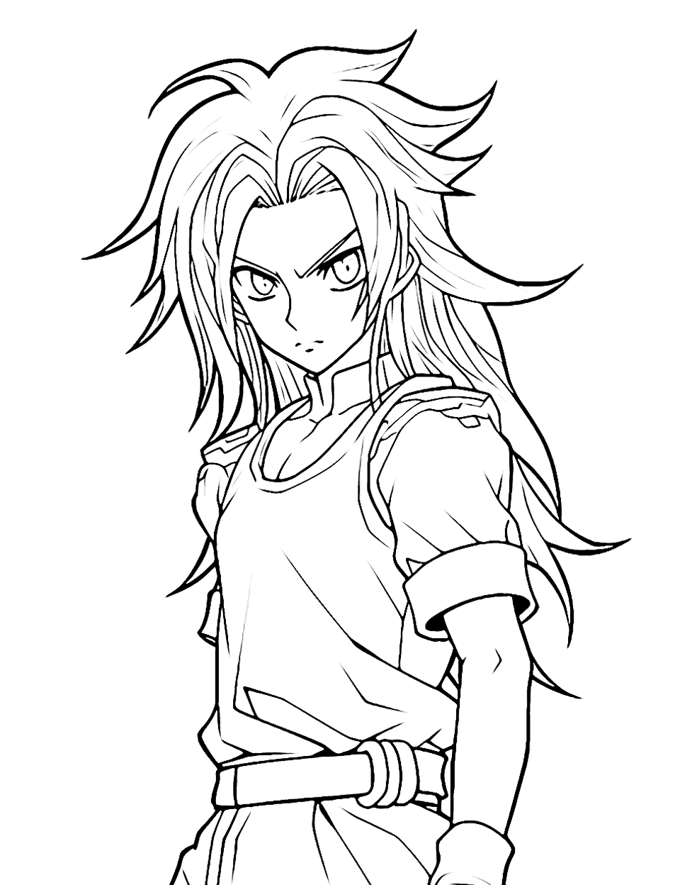 Long-Haired Anime Boy Coloring Page - An anime boy with long, flowing hair showcasing a calm and relaxed pose.