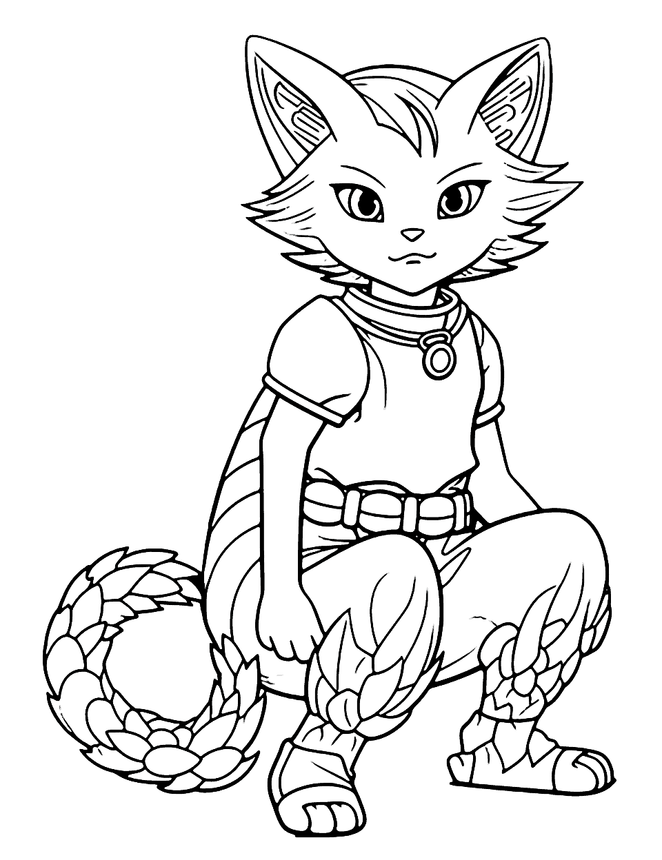 Beautiful Anime Cat Coloring Page - A beautiful anime cat is lounging comfortably with intricate designs on its fur.