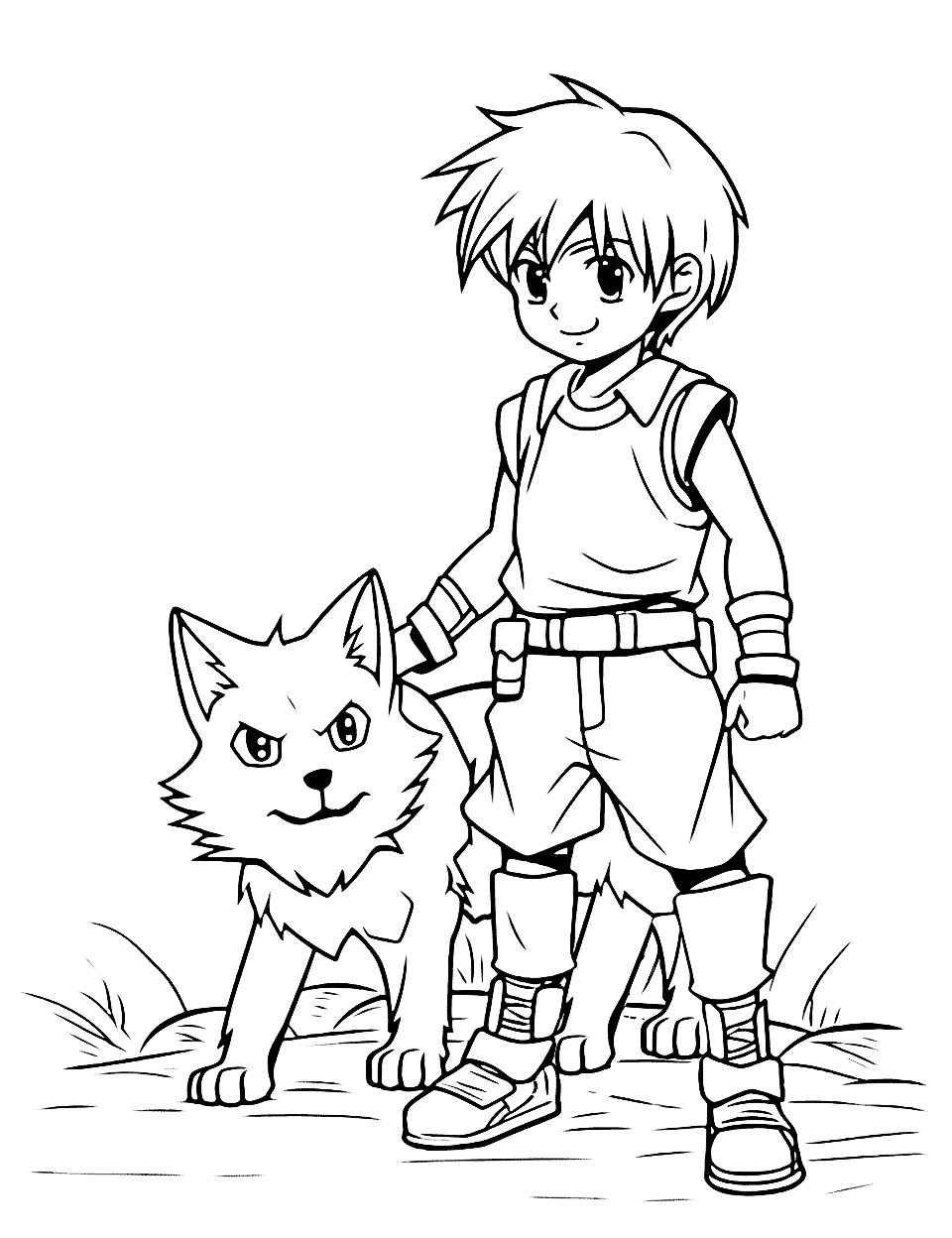 Anime Boy and his Wolf Friend Coloring Page - An anime boy and his wolf friend exploring the wilderness together.