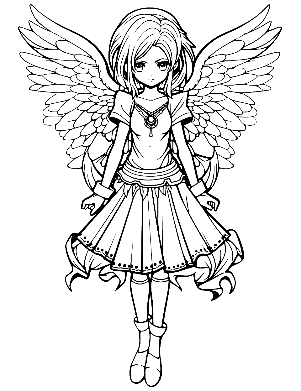 Detailed Anime Angel Coloring Page - A detailed anime angel with complex patterns on her wings and dress.
