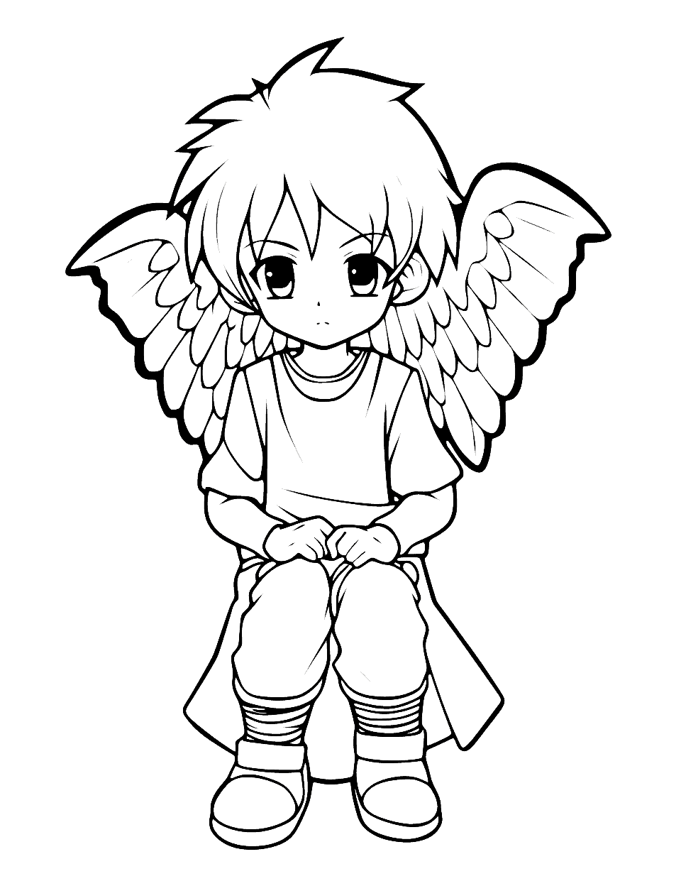 Sad Anime Angel Coloring Page - A sad anime angel sitting on a cloud, expressing deep emotions.