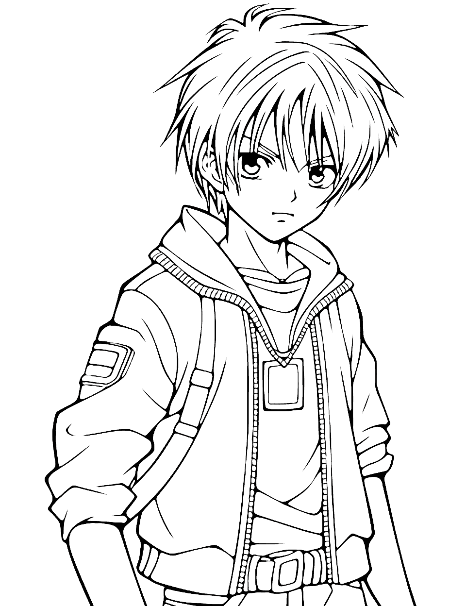 Beautiful Anime Boy Coloring Page - A beautiful anime boy with a serene expression and a detailed outfit.