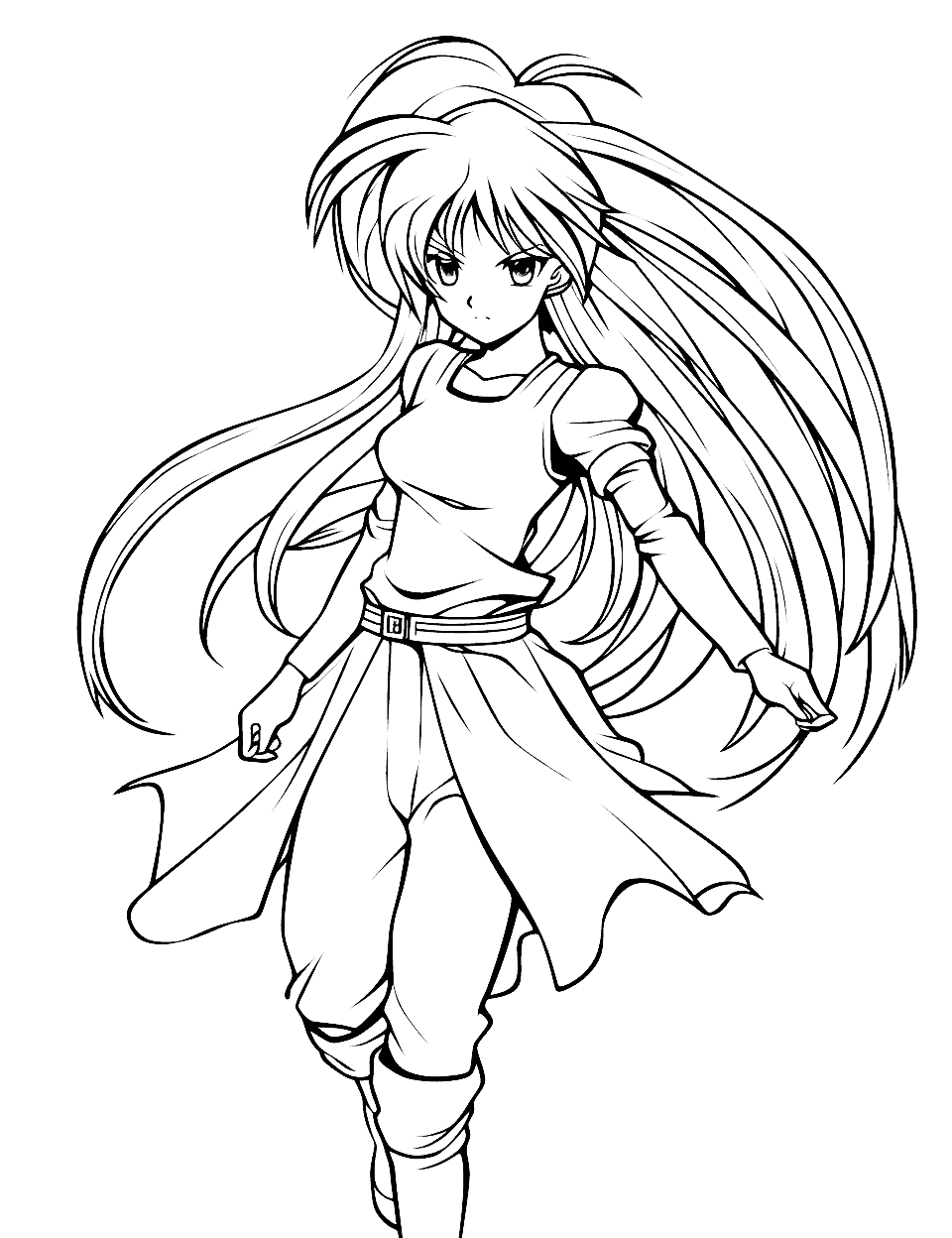 Long-Haired Anime Angel Coloring Page - An anime angel with long, flowing hair, gracefully descending from the sky.