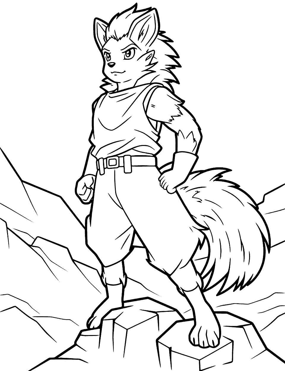 Anime Wolf Coloring Page - A majestic anime wolf standing on a cliff, ready to howl at the moon.