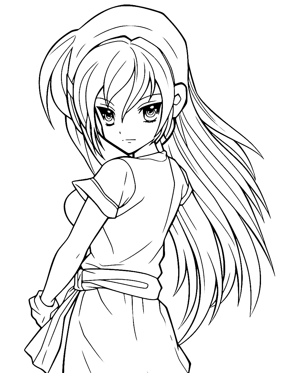 Long-Haired Anime Girl Coloring Page - A beautiful anime girl with long, flowing hair, with different elements to color in her hair.