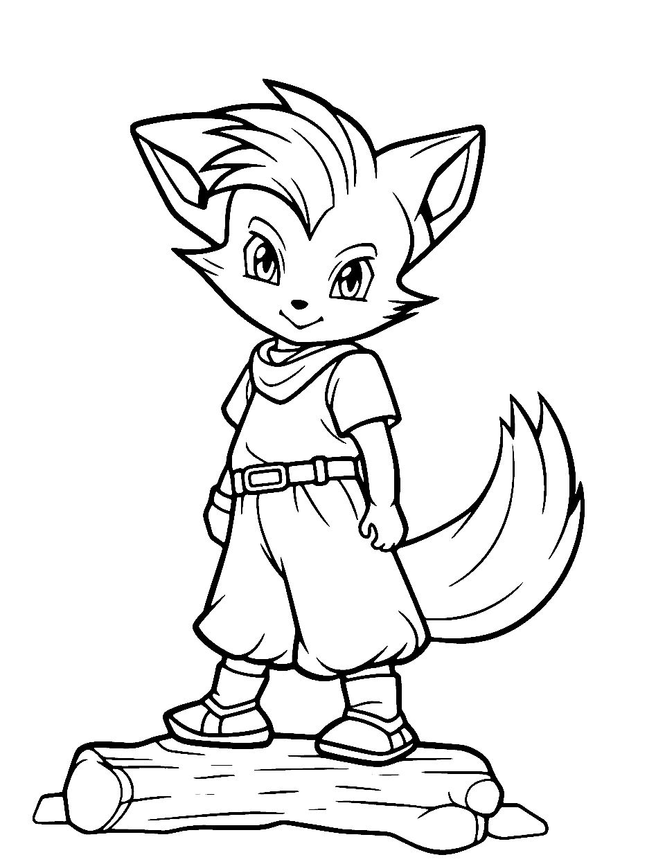 Anime Fox Coloring Page - A cute and playful anime fox, in the midst of leaping over a log.