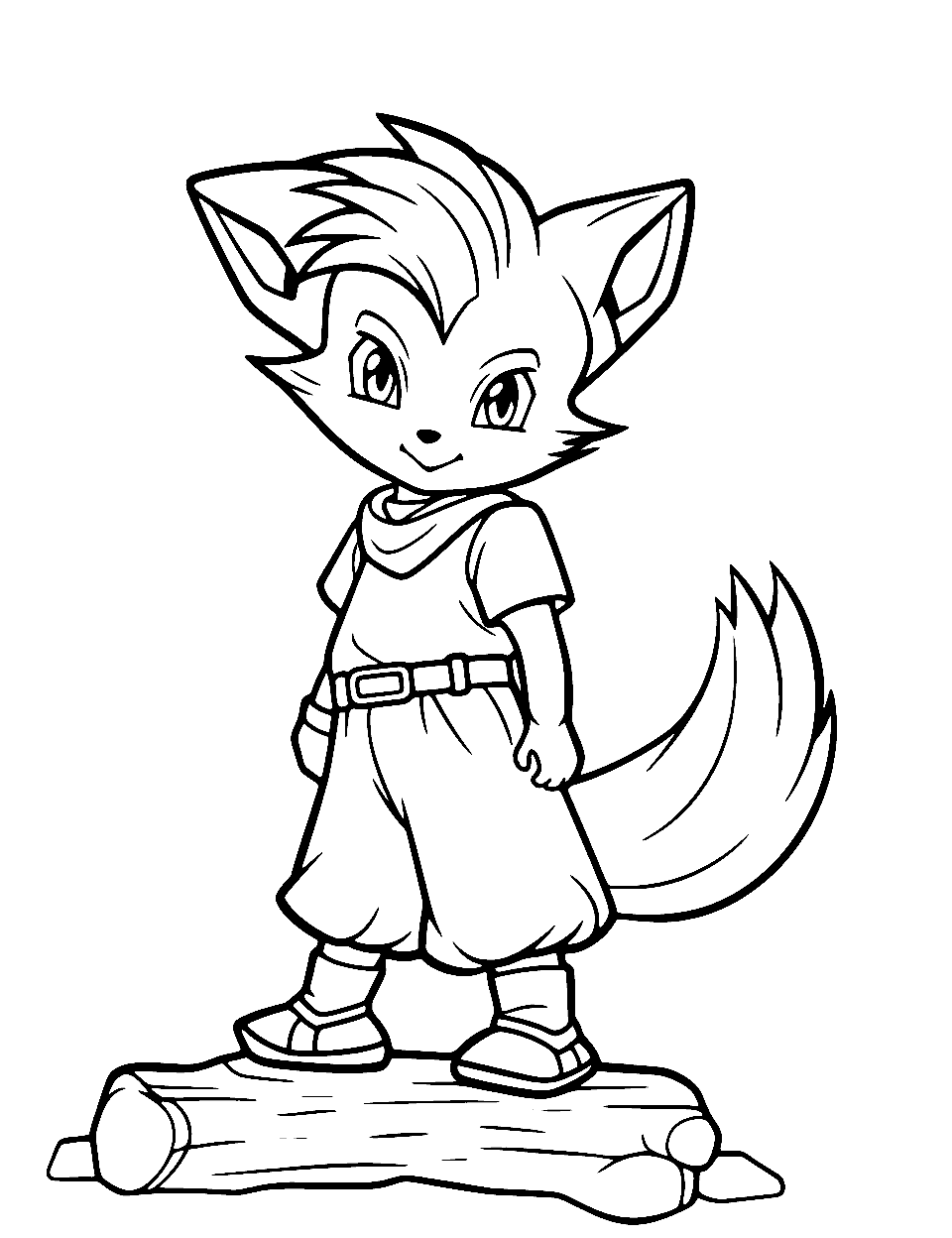 Anime Fox Coloring Page - A cute and playful anime fox while leaping over a log.