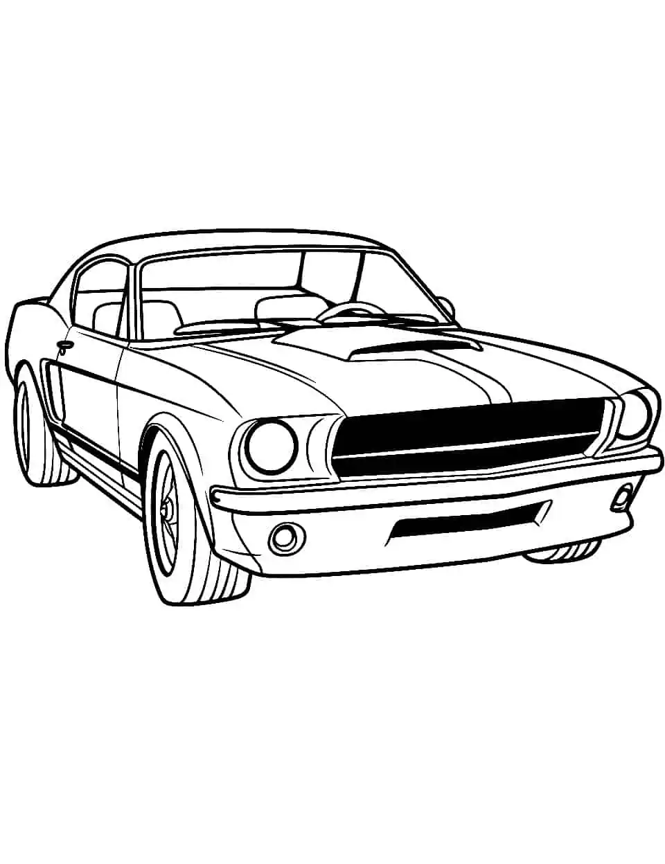 Classic Mustang Muscles Car Coloring Page - A detailed image of a classic Ford Mustang muscle car, ready to be colored by older kids.