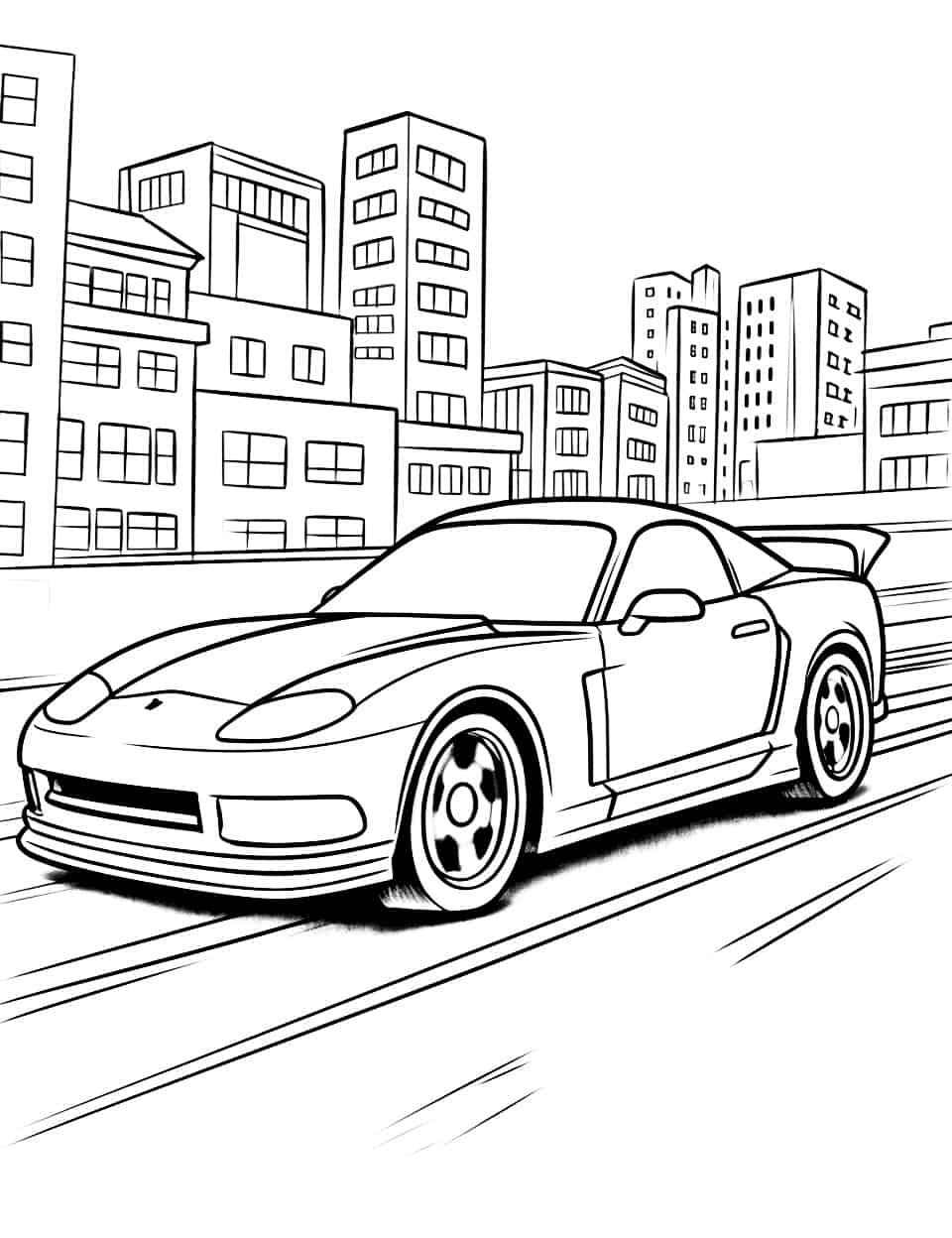 Fast and Furious Car Coloring Page - A super-fast car streaking through a city street. The buildings behind it give kids room to work on an urban background, which is where a grey and blue palette pays off against a hot-colored car. Motion lines can be traced in a lighter shade so the car still reads as the main subject.