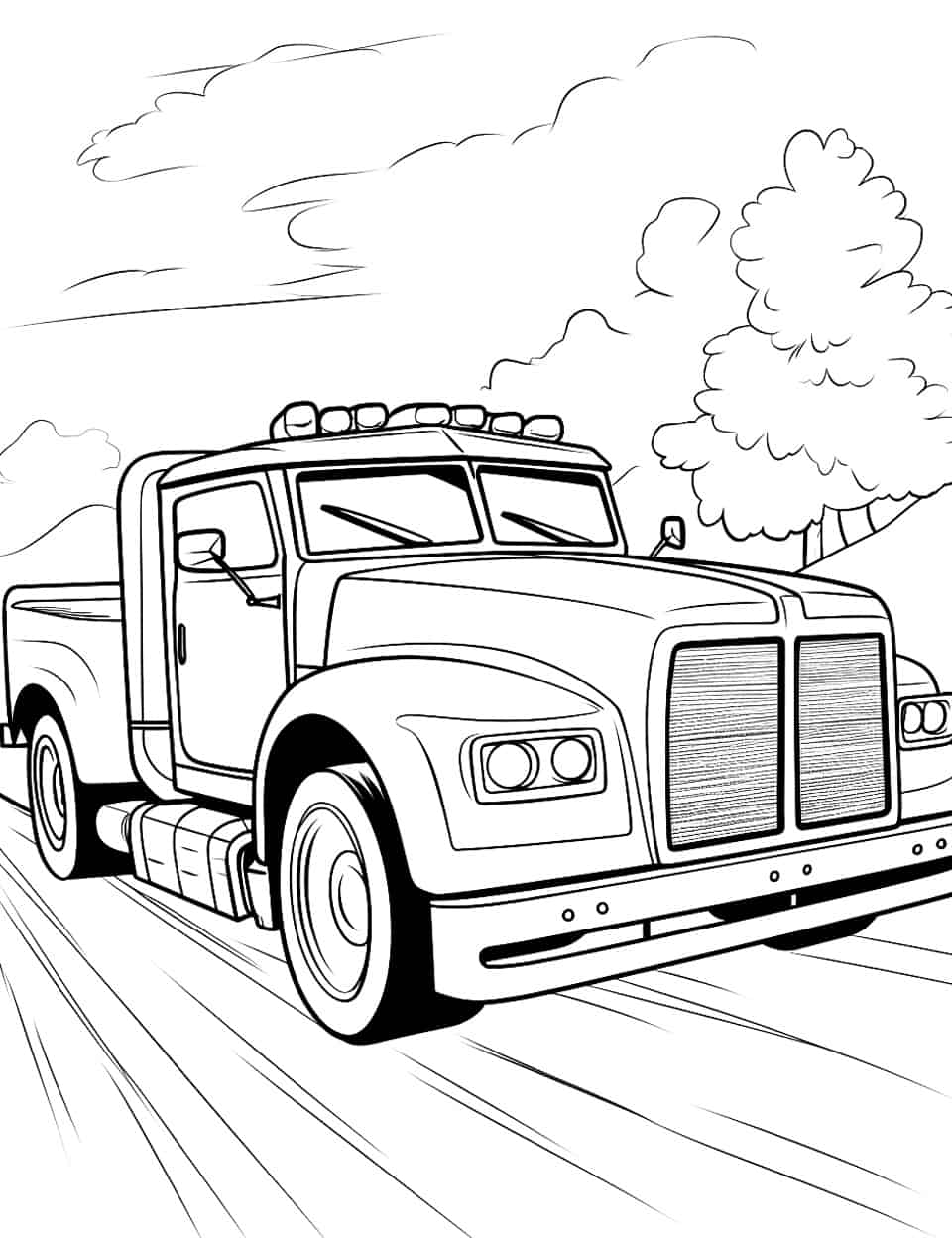 Highway Hauler Car Coloring Page - A big truck comes straight at you here, its two-piece grille ruled with dozens of fine lines. Those lines are the hardest part of the page and look best in two greys with white left showing between them. A row of marker lights along the roof, round headlights and the flat bed behind the cab give plenty of separate pieces to color differently. Clouds and a single leafy tree fill the sky, so the sheet ends up busier than it first looks.