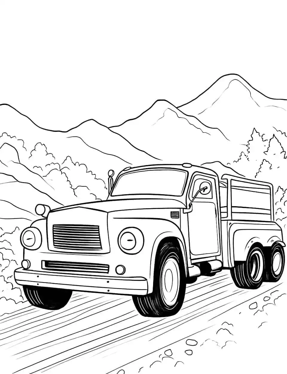 Large and In Charge Coloring Page - A big, powerful truck barreling down a dirt road.