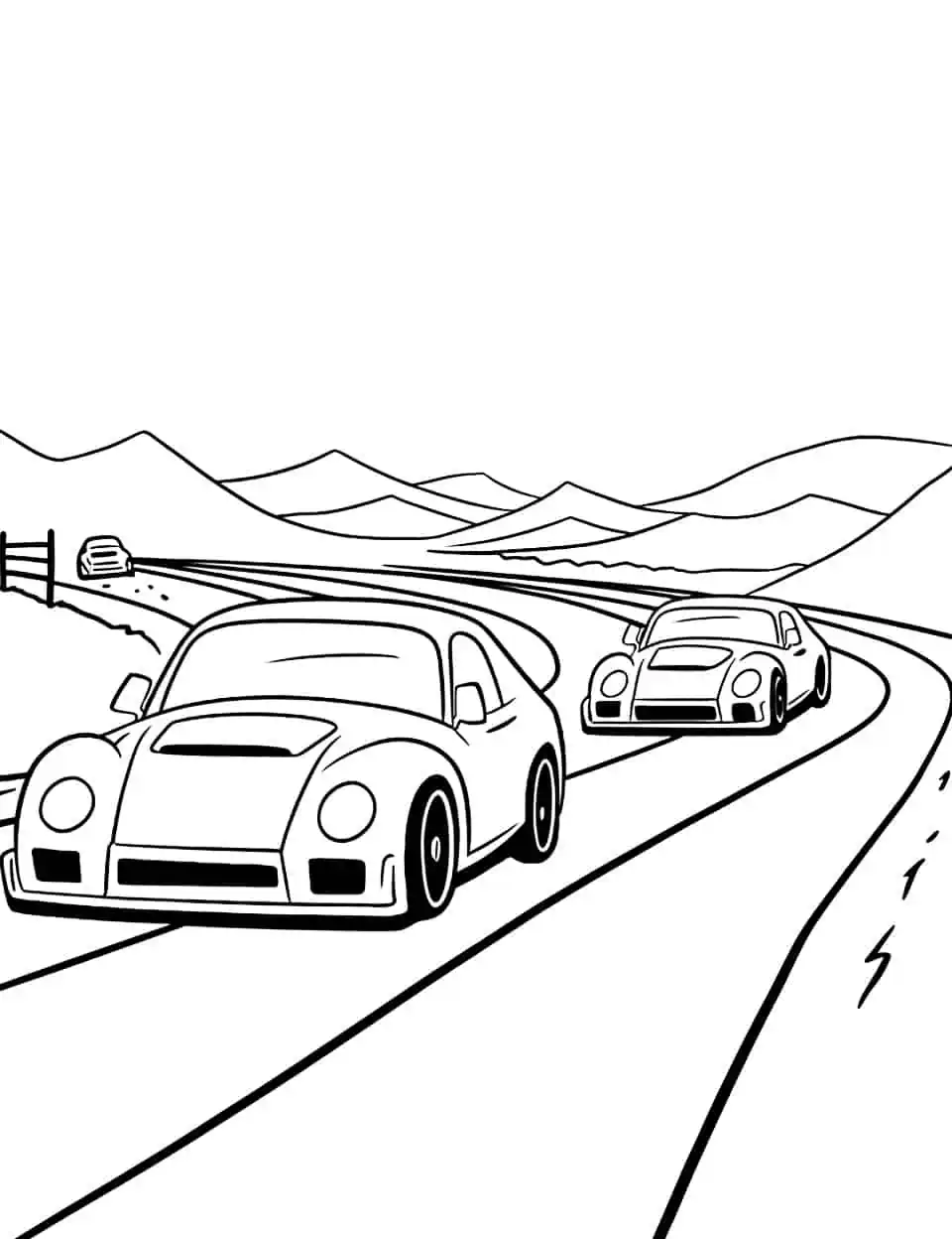 Racing to the Finish Line Car Coloring Page - A group of race cars approaching the finish line.