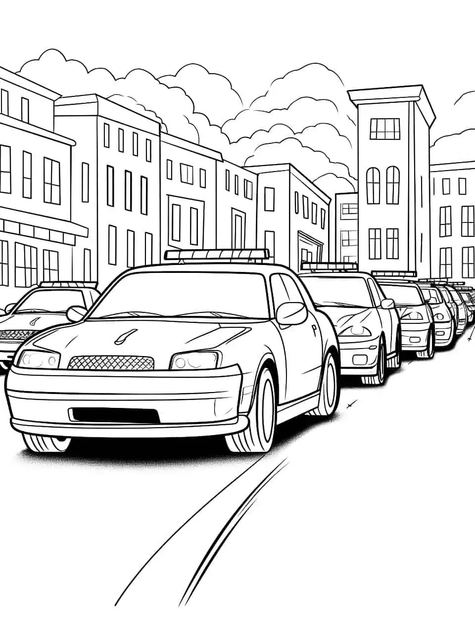 Police Car Parade Coloring Page - A line of police cars with lights flashing. Let the kids use their imaginations to make the scene come alive.