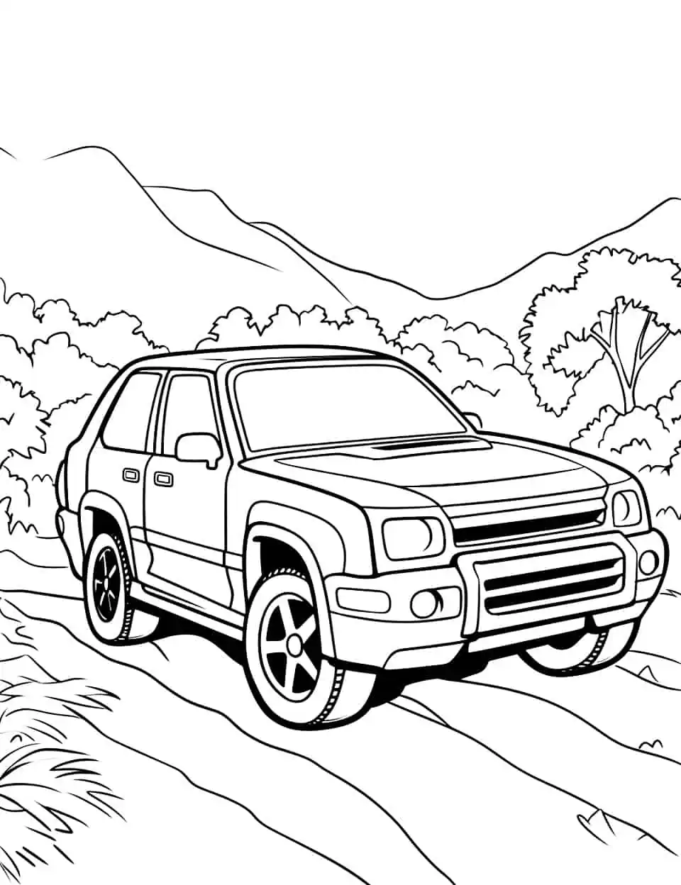 SUV in the Jungle Car Coloring Page - A rugged SUV navigating through a dense jungle.