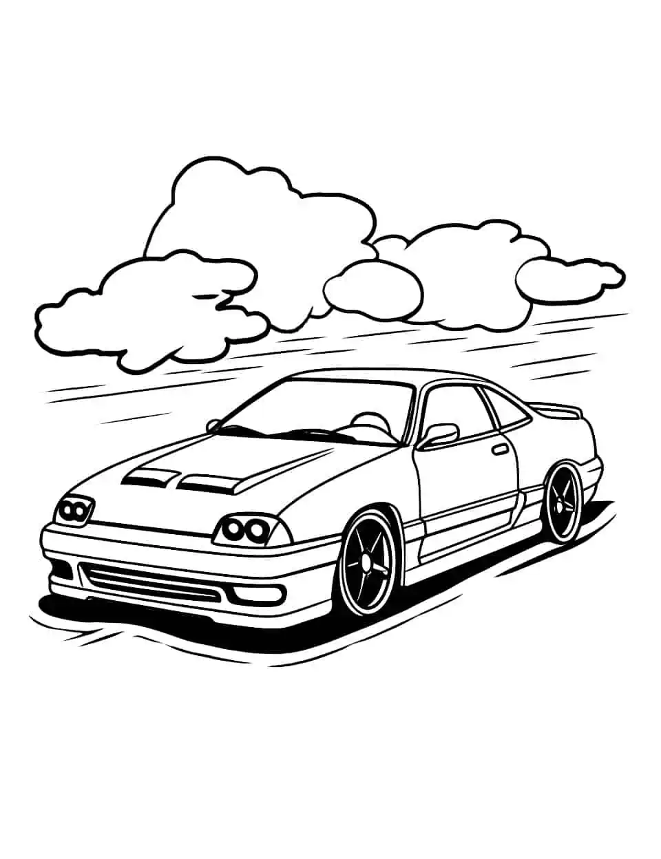 JDM Drift Coloring Page - A Japanese car drifting on the street, creating a cloud of smoke.