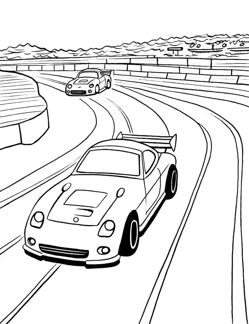 At The Race Track Car Coloring Page - Several race cars racing around a track.