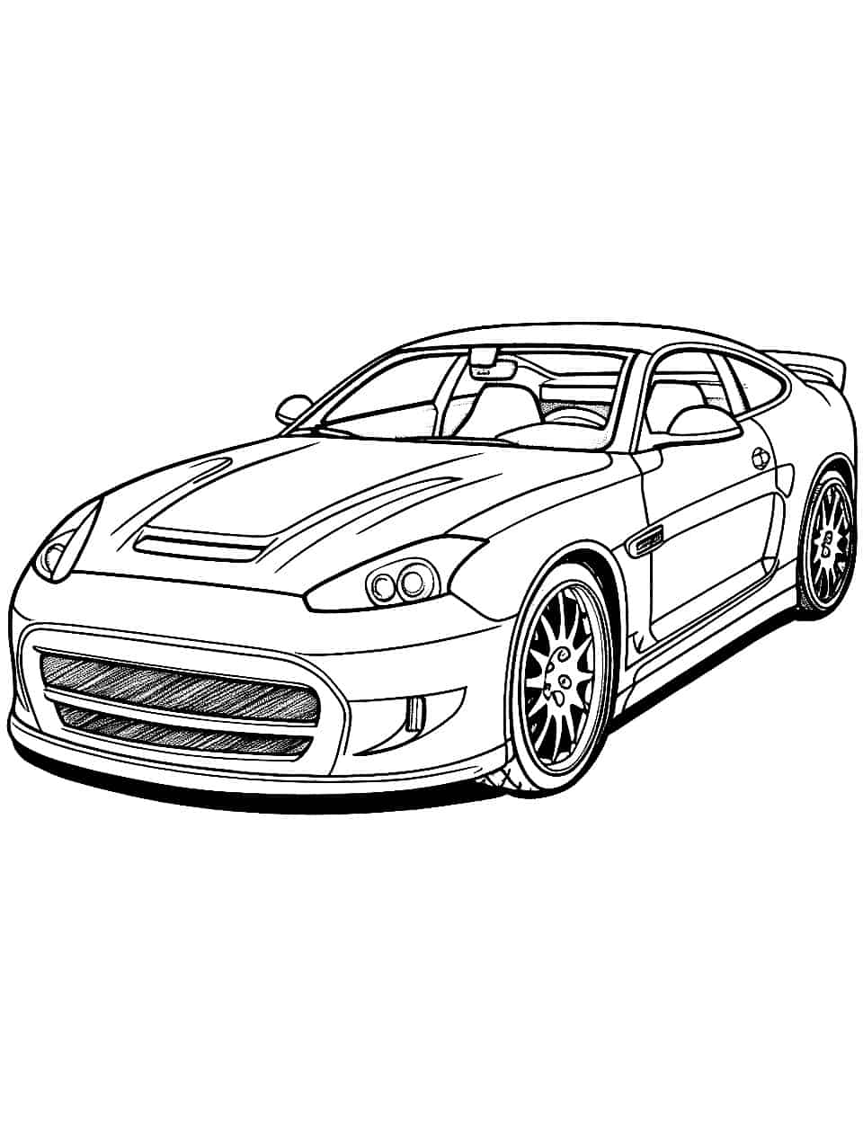 Detailed Luxury Car Coloring Page - Complex rims and grille work make this luxury vehicle a page for patient hands and fine-point markers. Black, silver and deep burgundy read as expensive; neon does not. The grille is dense with small shapes, so budget the time. Teens and adults tend to enjoy this one more than young kids do.