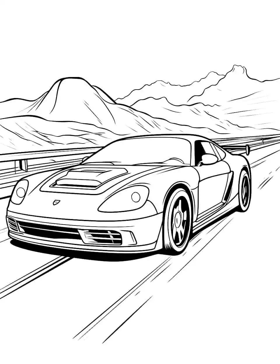 Fast Car Frenzy Coloring Page - A scene of a fast car speeding on a freeway.