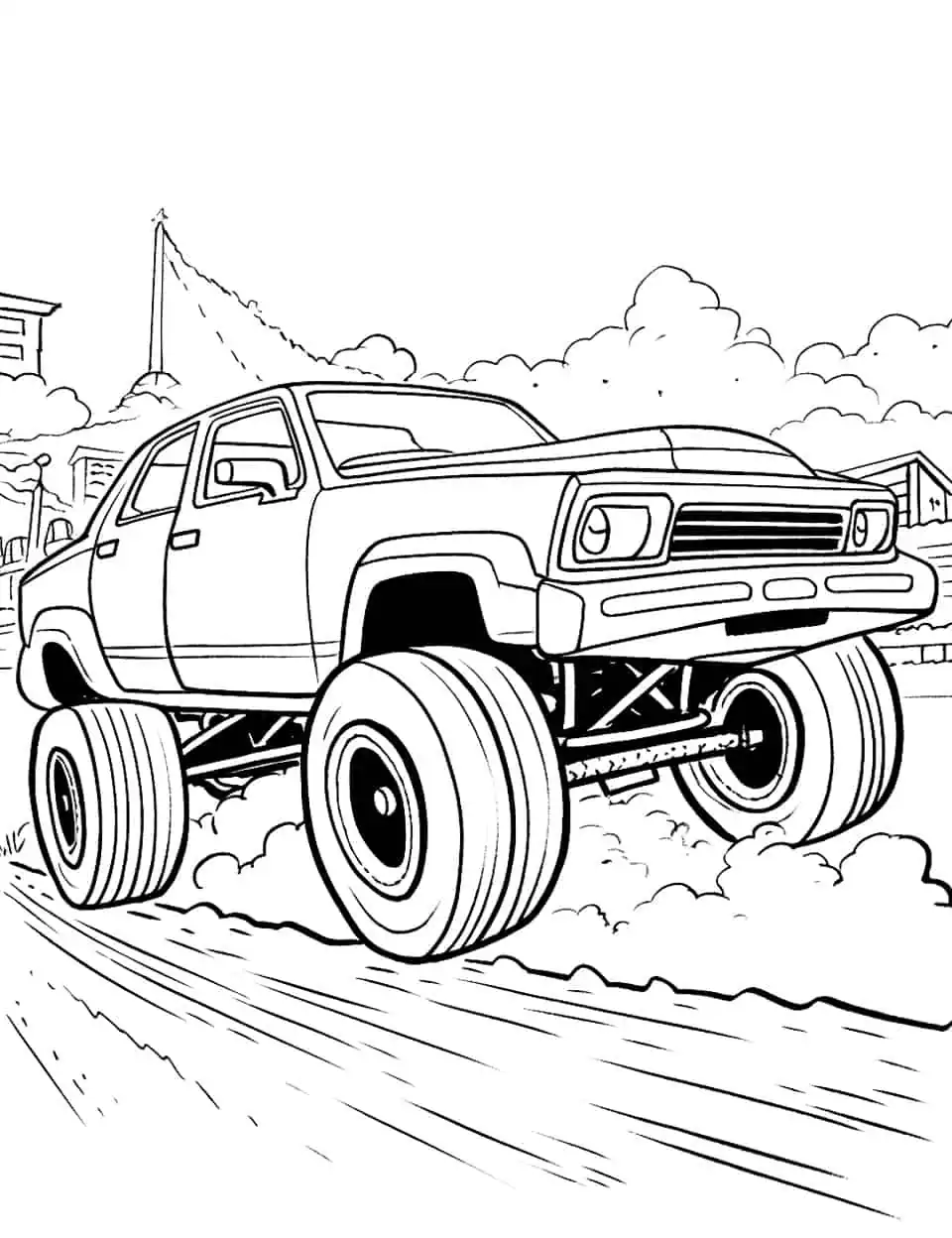 Monster Truck Stunt Show Car Coloring Page - A monster truck in the middle of a spectacular stunt.