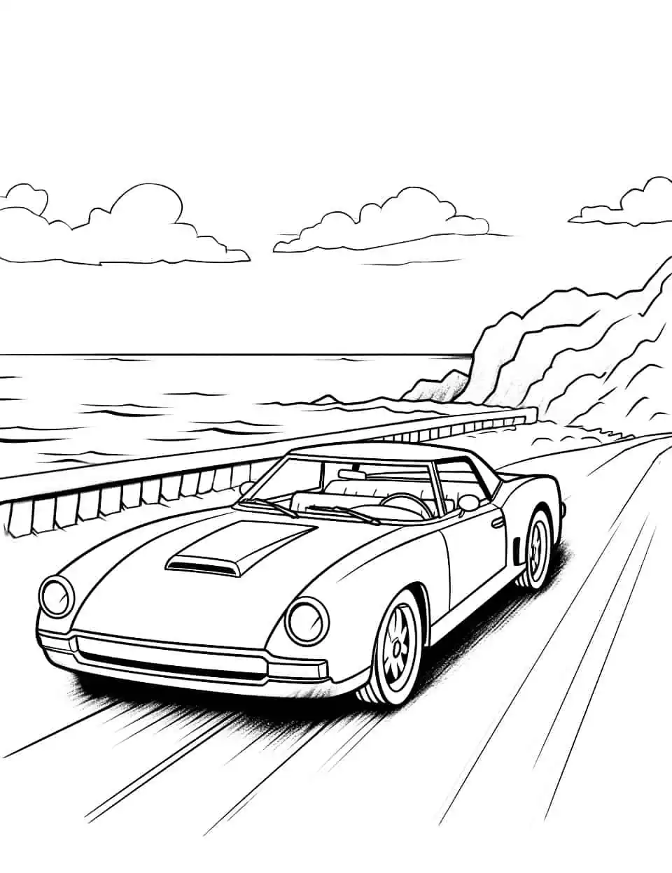 Cool Convertible Car Coloring Page - A sleek convertible driving down a coastal road.