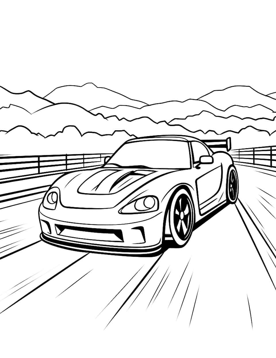 Race Car on the Circuit Coloring Page - A race car with a raised rear wing sweeps down a wide track, fence rails running along both sides. The mountains behind are drawn as ragged outlines and take a pale wash better than heavy color. Bright shades suit the car, and the vented hood is a natural spot for a contrasting stripe. Speed lines flood the lower half, so leave most of that paper alone and the car will look quicker for it.