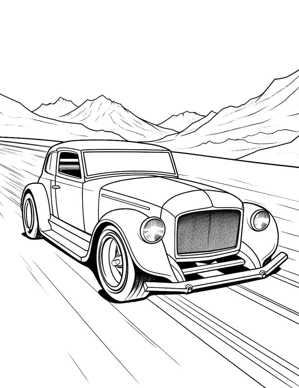Hot Rod on a Roll Car Coloring Page - This hot rod leans into a long straight road with mountains ridged along the horizon behind it. The tall grille and the chrome bar across the front are the parts to slow down on. A single stripe over a dark body suits its stripped-back look. Speed lines run right off the bottom of the page, and leaving them almost bare is what sells the motion.